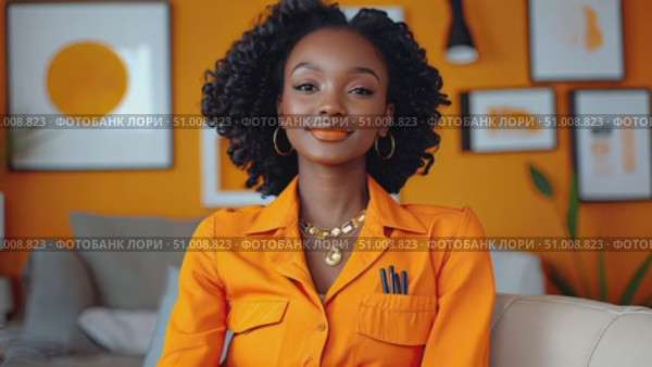 A fashionable woman dressed in an orange outfit discusses her favorite creative projects in a bright, art-filled living area that inspires creativity. Стоковое AI-видео, аниматор Данила Большаков / Фотобанк Лори