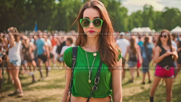 A fashionable woman in green with sunglasses stands before a lively crowd at an outdoor summer music festival. Стоковое AI-видео, аниматор Данила Большаков / Фотобанк Лори