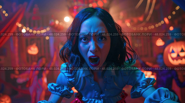 A fearful performer reacts dramatically in a Halloween-themed party environment filled with decorations. Стоковое AI-изображение, AI-художник Данила Большаков / Фотобанк Лори