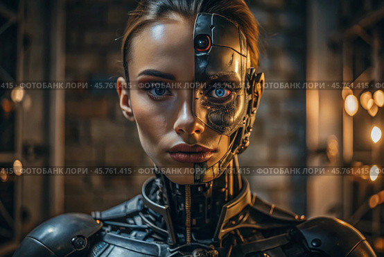A female cyborg robot. Integration of technology and human interaction. Robotization of production. Artificial intelligence, the Internet and digital technologies of the future. Стоковое AI-изображение, AI-художник Photojuli / Фотобанк Лори