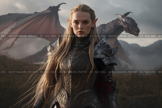 A female elf warrior with a dragon and a battlefield in the background. Стоковое AI-изображение, AI-художник Александр Поташев / Фотобанк Лори