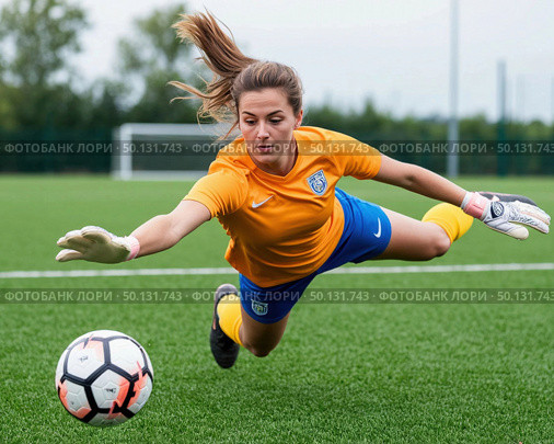 A female soccer player in a yellow. Стоковое AI-изображение, AI-художник Ярославский Максим / Фотобанк Лори