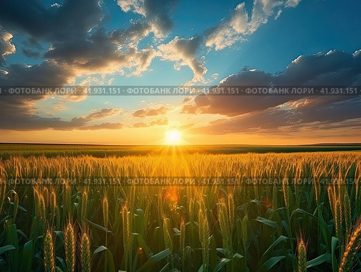 A field of corn in the rays of the setting sun. Modern agricultural technologies. The concept of modern crop production. Generated by AI. Стоковое AI-изображение, AI-художник Ярославский Максим / Фотобанк Лори