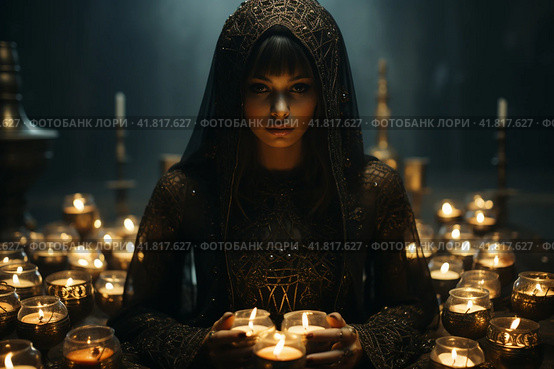 A figure in a black cloak with a hood surrounded by candles, ritual,  Generative AI. Стоковое AI-изображение, AI-художник Анна Кривицкая / Фотобанк Лори