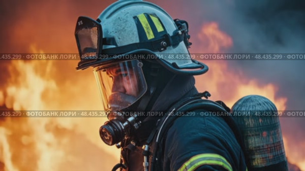 A firefighter bravely faces an intense fire, equipped with protective gear and determined to perform rescue duty. Стоковое AI-видео, аниматор Данила Большаков / Фотобанк Лори