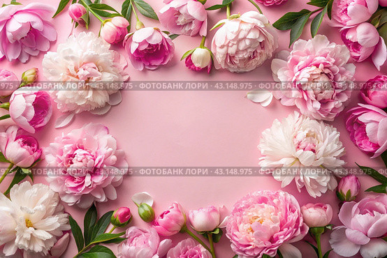 A frame with beautiful peony flowers on a pastel pink background. Flat layout, top view, place to copy, summer flowers. Стоковое AI-изображение, AI-художник Photojuli / Фотобанк Лори