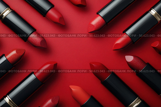 A frame with passion red lipsticks with empty vibrant red background in the middle. Beauty industry concept. Copy space. Advertisement for makeup artists. Стоковое AI-изображение, AI-художник Ирина Михайличенко / Фотобанк Лори