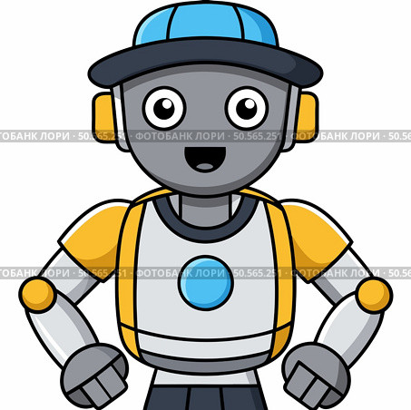 A friendly. cartoon robot with a blue cap and yellow backpack. perfect for educational materials. childrens books. or playful technology concepts. Стоковая иллюстрация, агентство Ingram Publishing / Фотобанк Лори
