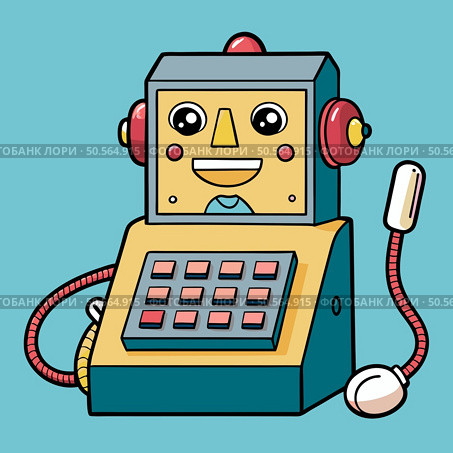 A friendly cartoon robot with a keypad and a phone receiver. Perfect for illustrating technology. AI. or childrens stories. Стоковая иллюстрация, агентство Ingram Publishing / Фотобанк Лори