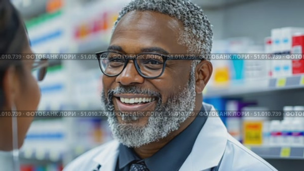 A friendly pharmacist engages with a customer, offering tailored health recommendations in a welcoming pharmacy environment. Стоковое AI-видео, аниматор Данила Большаков / Фотобанк Лори