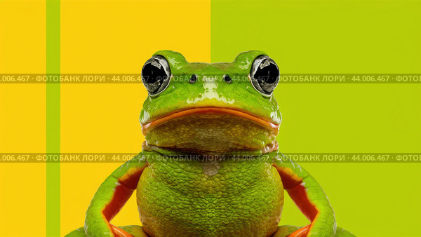 A frog sitting on a yellow and green background with black eyes, AI. Стоковое AI-изображение, AI-художник Сергей Старуш / Фотобанк Лори