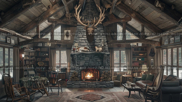 A furnished living room featuring various furniture pieces like sofas, tables, and chairs, with a fireplace as the focal point. Стоковое AI-изображение, AI-художник Данила Большаков / Фотобанк Лори