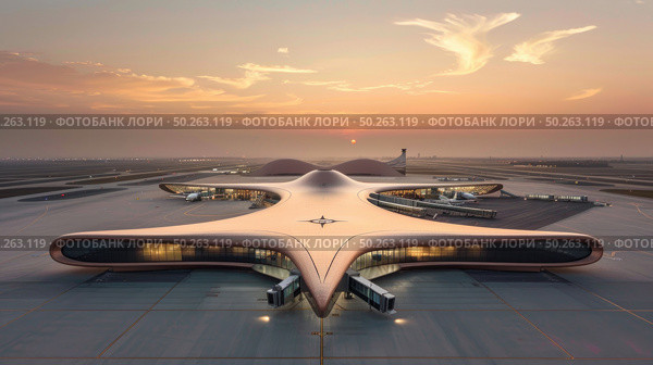 A futuristic airport with a commercial jet parked on the tarmac, waiting for passengers to embark or disembark. Стоковое AI-изображение, AI-художник Данила Большаков / Фотобанк Лори