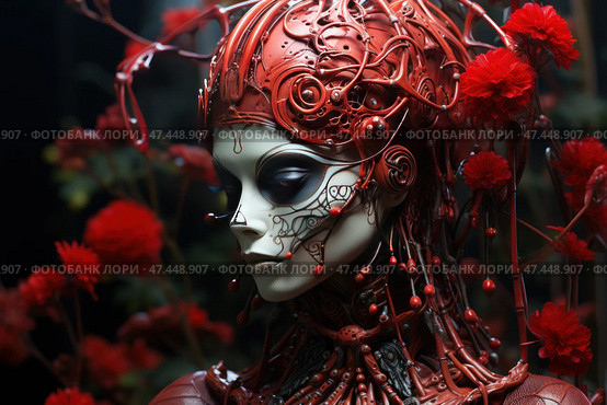 A futuristic and surreal portrait of a cybernetic female figure, reminiscent of a cross between a doll and a biomechanical creature. Her face is smooth, almost porcelain, with large dark eyes and complex decorative patterns reminiscent of mechanical tattoos or circuits. Her head and neck are covered with a complex structure of metallic and organic elements in red and burgundy tones, resembling roots, wires or vessels. Around her are bright scarlet flowers, which creates a contrast between the technogenic entity and living nature. Стоковое AI-изображение, AI-художник Анна Кривицкая / Фотобанк Лори