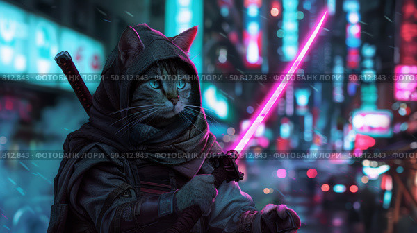 A futuristic cat warrior wielding a lightsaber stands proudly in a vibrant neon cityscape filled with excitement. Стоковое AI-изображение, AI-художник Anastasy Yarmolovich / Фотобанк Лори