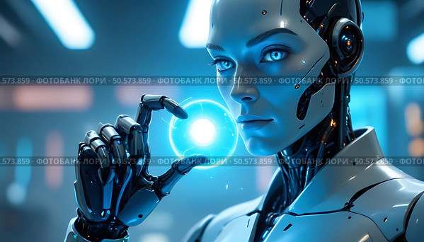 A futuristic humanoid robot holds a glowing blue orb in a high-tech environment. The robot has a sleek design with metallic features and illuminated accents. Стоковое AI-изображение, AI-художник Olga Dmitrieva / Фотобанк Лори