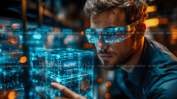 A futuristic man in AR glasses interacting with a glowing digital cube featuring a 'Buy Now' button, representing innovative e-commerce and virtual shopping experiences. Стоковое AI-изображение, AI-художник Данила Большаков / Фотобанк Лори