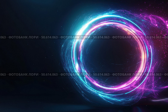 A futuristic neon ring emits a blend of electric blue and purple. The double-ring structure floats over a dark gradient, exuding a cyberpunk digital aesthetic with mesmerizing depth. Стоковое AI-изображение, AI-художник Nart / Фотобанк Лори