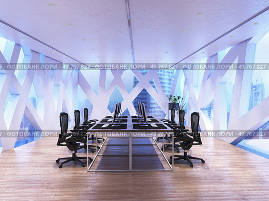 A futuristic office room with geometric windows and sleek furniture, offering panoramic city views and a bright, spacious atmosphere. 3d render. A futuristic office room with geometric window . 3d render. Стоковое фото, агентство Ingram Publishing / Фотобанк Лори