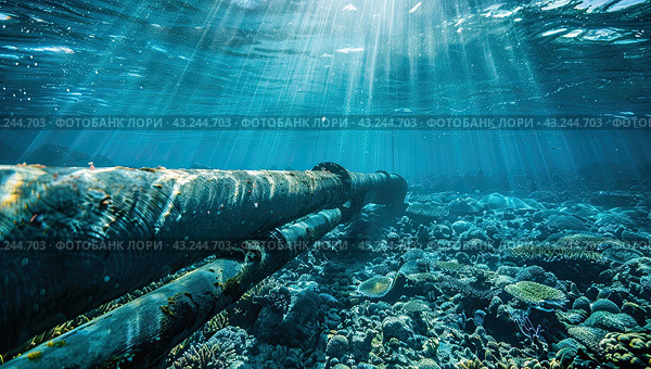 A gas pipeline on the seabed in the sunlight. Стоковое AI-изображение, AI-художник Ярославский Максим / Фотобанк Лори