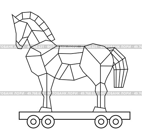 A geometric black and white drawing of a Trojan horse on a wheeled platform. Ideal for history, education, mythology, warfare, deception, ancient Greece. Simple vector style.. Geometric Black and White Trojan Horse on Wheels. Стоковая иллюстрация, агентство Ingram Publishing / Фотобанк Лори