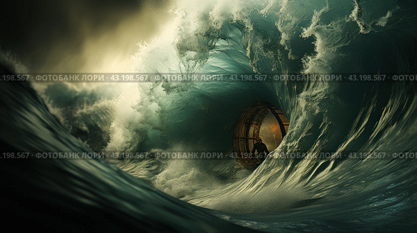 A giant ocean wave swirling into a powerful whirlpool. A metal structure is visible inside the wave, resembling part of a ship or underwater vehicle. A lone human figure is located inside this structure, adding drama and a sense of danger to the scene. Light breaks through the wave, creating a glowing effect and emphasizing the power of the water element. The wave seems uncontrollable and inexorable, symbolizing the power of nature. Стоковое AI-изображение, AI-художник Анна Кривицкая / Фотобанк Лори