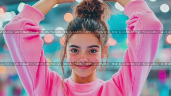 A girl in a pink sweater poses joyfully with arms raised in a vibrant indoor environment filled with colorful decorations and lights, showcasing a cheerful and energetic atmosphere. Стоковое AI-видео, аниматор Данила Большаков / Фотобанк Лори