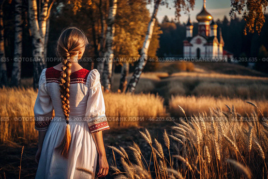 A girl in a traditional Russian linen sundress and with a braid on her head in a field of ripe golden wheat against a background of birch trees and an Orthodox church. Harvesting. Стоковое AI-изображение, AI-художник Photojuli / Фотобанк Лори