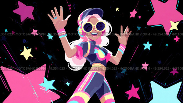 A girl is dancing in front of a bunch of stars. Стоковое AI-изображение, AI-художник Ярославский Максим / Фотобанк Лори