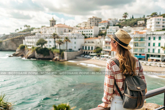 A girl traveler with a backpack on the background of the southern coast of the sea. A woman travels, enjoys life and the environment. Tourism. Стоковое AI-изображение, AI-художник Photojuli / Фотобанк Лори