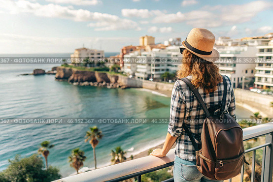 A girl traveler with a backpack on the background of the southern coast of the sea. A woman travels, enjoys life and the environment. Tourism. Стоковое AI-изображение, AI-художник Photojuli / Фотобанк Лори