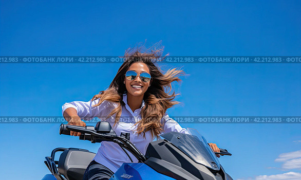 A girl with long wind-tousled hair on a blue motorcycle rides against a background of blue sky. Close-up shooting. Стоковое AI-изображение, AI-художник Ярославский Максим / Фотобанк Лори
