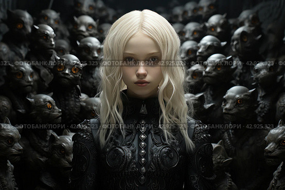 A girl with pale skin and platinum hair against the background of a crowd of identical dark figures of monsters with glowing eyes. The image evokes thoughts of the contrast between individuality and monotony, humanity and the impersonal mass. Стоковое AI-изображение, AI-художник Анна Кривицкая / Фотобанк Лори
