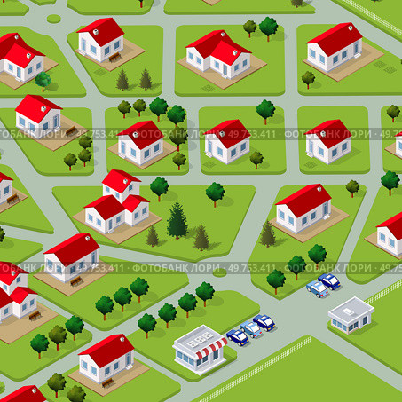 A glance at the isometric 3D illustration view of a cottage townhouse bungalow, residential, villa village from above. Streets, houses, real estate plots are shown.. A glance at the isometric 3D illustration view of a cottage townhouse. Стоковая иллюстрация, агентство Ingram Publishing / Фотобанк Лори