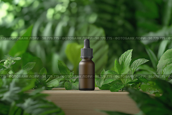 A Glass Bottle of Herbal Extract Surrounded by Lush Green Leaves and Natural Elements, Emphasizing Organic and Eco-Friendly Aspects of Nature. Стоковое AI-изображение, AI-художник Башкирова Анна / Фотобанк Лори