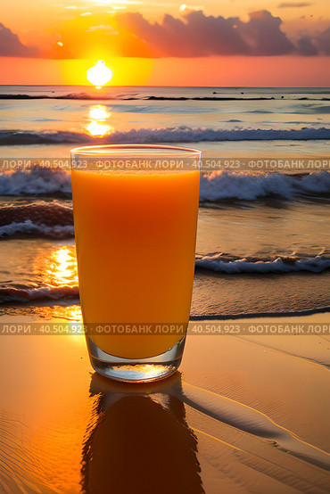 A glass of orange juice on the sea sand, small waves, romantic sunset. Стоковое AI-изображение, AI-художник Сергей Елизарьев / Фотобанк Лори