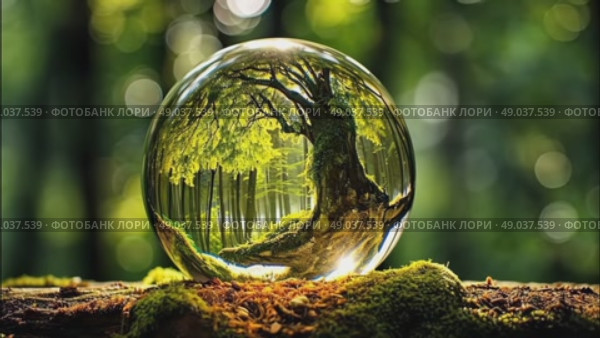 A glass sphere of pure dew drops in a forest on earth is a ball with an internal microclimate, a clean environment, protecting the ecology of the planet. AI generated. Стоковое AI-видео, аниматор Ольга Симонова / Фотобанк Лори