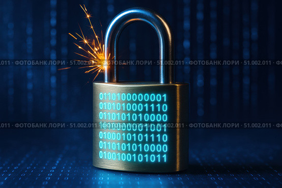A Glowing Padlock Surrounded by Binary Code Sparks a Visual Metaphor for Cybersecurity and Digital Protection in a Modern Technological Landscape. Стоковое AI-изображение, AI-художник Башкирова Анна / Фотобанк Лори