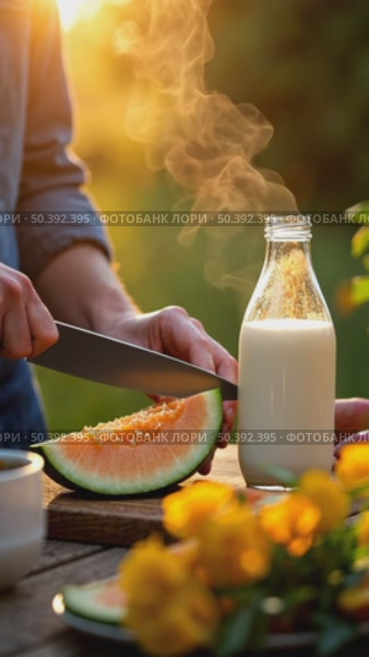A golden hour close-up of father's calloused hands cutting melon slices near a milk bottle alfresco in open air backyard. Стоковое AI-видео, аниматор Sergey Grishin / Фотобанк Лори