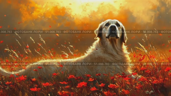 A golden retriever relaxes peacefully among bright red flowers, basking in the warm glow of a beautiful sunset outdoors. Стоковое AI-видео, аниматор Данила Большаков / Фотобанк Лори
