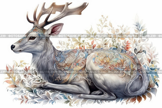 A graceful deer, executed in the style of watercolor painting with elements of fantasy and decorative art. The animal looks majestic, its fur is silvery-white, and its body is decorated with intricate patterns in the Baroque and Art Nouveau style, reminiscent of floral motifs and ornaments.The deer's antlers are curved and decorated with additional decorative elements, and the background consists of soft, muted pastel colors with images of leaves and flowers, which creates the impression of the unity of nature and magic. The whole composition is filled with harmony and sophistication, conveying a sense of mysticism and fabulousness. Стоковое AI-изображение, AI-художник Анна Кривицкая / Фотобанк Лори