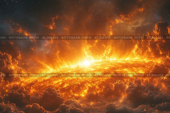 A grandiose and powerful cosmic phenomenon resembling the surface of a star, possibly the Sun. Fiery tongues of flame, bright flashes and hot clouds cover the frame, creating a sense of incredible energy and destructive force. Stars are visible in the distance, and the image itself is filled with movement, light and heat. This is a visualization of the cosmic elements, the primordial power and magnificence of the Universe. Стоковое AI-изображение, AI-художник Анна Кривицкая / Фотобанк Лори