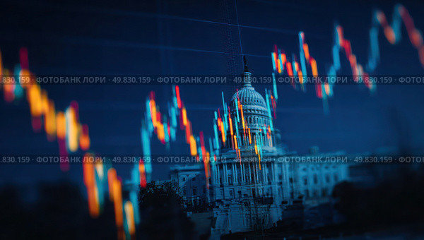 A graph of the stock market is shown with the Capitol building in the background. Стоковое AI-изображение, AI-художник Ярославский Максим / Фотобанк Лори