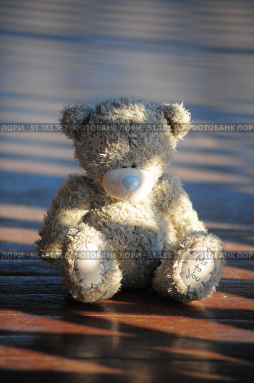 A grey teddy bear from the Me to You collection. The toy has a recognizable blue nose, patches on its paws and head, which gives it a touching and slightly vintage look. The bear sits on a wooden surface illuminated by soft warm sunlight, through which long shadows fall. The atmosphere of the frame creates a feeling of coziness, tenderness and slight nostalgia. Such a photo is perfect for the theme of childhood, gifts, romance, love, sentimentality and the symbolism of friendship. Стоковое фото, фотограф Анна Кривицкая / Фотобанк Лори