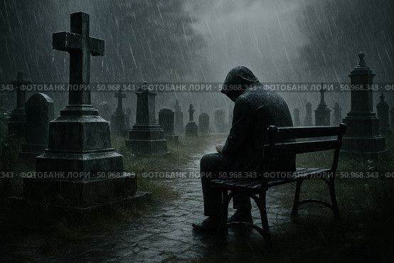 A grieving Caucasian man sits on a bench in a cemetery, wearing a hooded jacket. Rain falls heavily, creating a somber atmosphere around the gravestones. Стоковое AI-изображение, AI-художник Nart / Фотобанк Лори