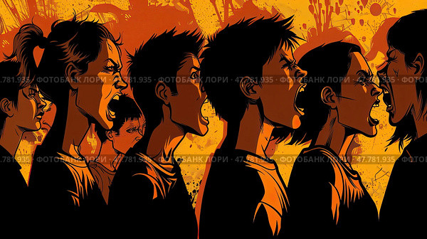 A group of animated characters is vocally expressing their fervor, captured side by side against a fiery orange background that amplifies their passion. Стоковое AI-изображение, AI-художник Данила Большаков / Фотобанк Лори