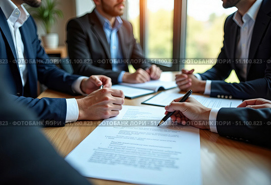 A group of businessmen and lawyers discusses contract documents, consultation. Стоковое AI-изображение, AI-художник ketpro.design / Фотобанк Лори