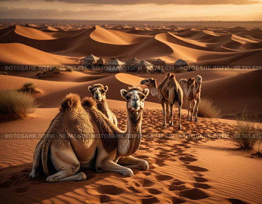 A group of camels are resting in the desert. Стоковое AI-изображение, AI-художник Ярославский Максим / Фотобанк Лори