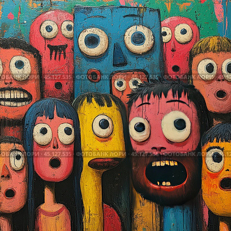 A group of characters in an abstract and surreal style. All the characters have large, exaggerated eyes, bright faces and expressions of surprise or fear. The painting is done in rich, contrasting colors - blue, pink, yellow and red shades. These characters seem chaotic, funny and strange, which creates an atmosphere of absurdity and creativity. The work is done in the style of naive art and is perfect for use in materials related to modern art, design and creative projects. Стоковое AI-изображение, AI-художник Анна Кривицкая / Фотобанк Лори
