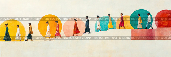 A group of diverse figures strolls along a path adorned with large colorful circles, showcasing unity in movement and style within vibrant surroundings. Стоковое AI-изображение, AI-художник Данила Большаков / Фотобанк Лори
